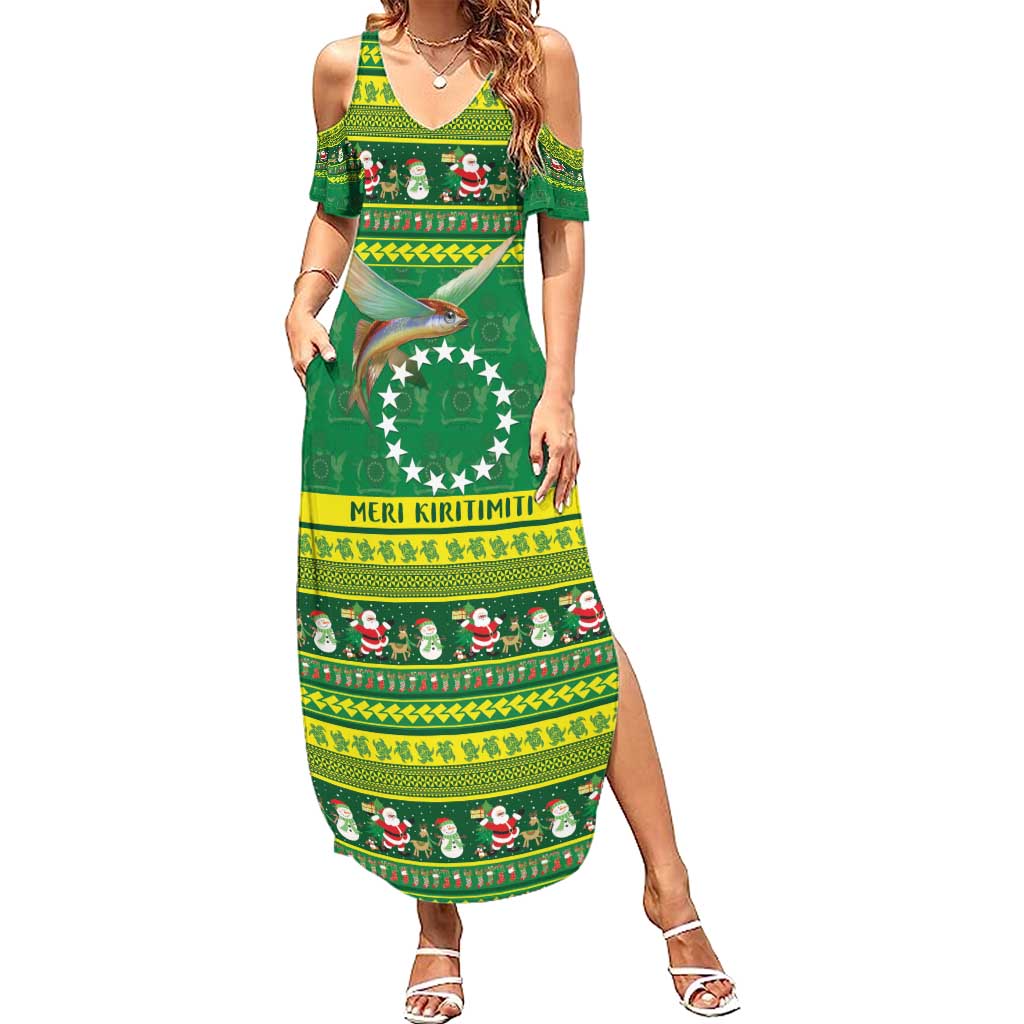 Meri Kiritimiti Cook Islands Christmas Family Matching Summer Maxi Dress and Hawaiian Shirt Maroro Flying Fish and White Stars LT9 Mom's Dress Green - Polynesian Pride