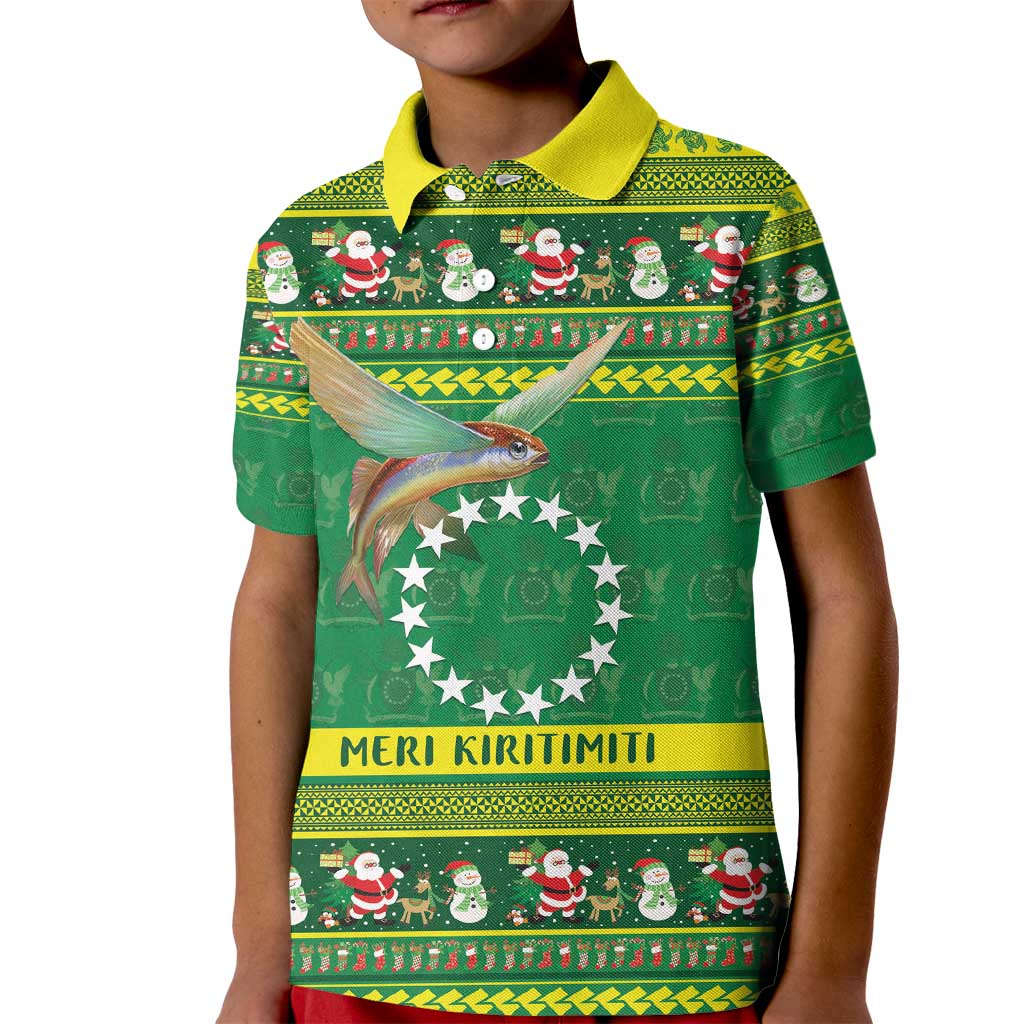 Meri Kiritimiti Cook Islands Christmas Kid Polo Shirt Maroro Flying Fish and White Stars LT9 Kid Green - Polynesian Pride