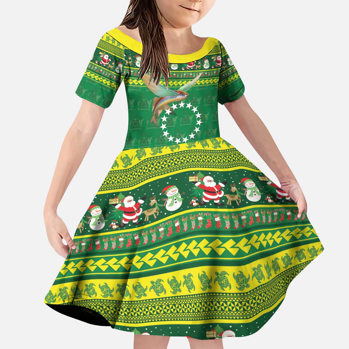 Meri Kiritimiti Cook Islands Christmas Kid Short Sleeve Dress Maroro Flying Fish and White Stars LT9 KID Green - Polynesian Pride