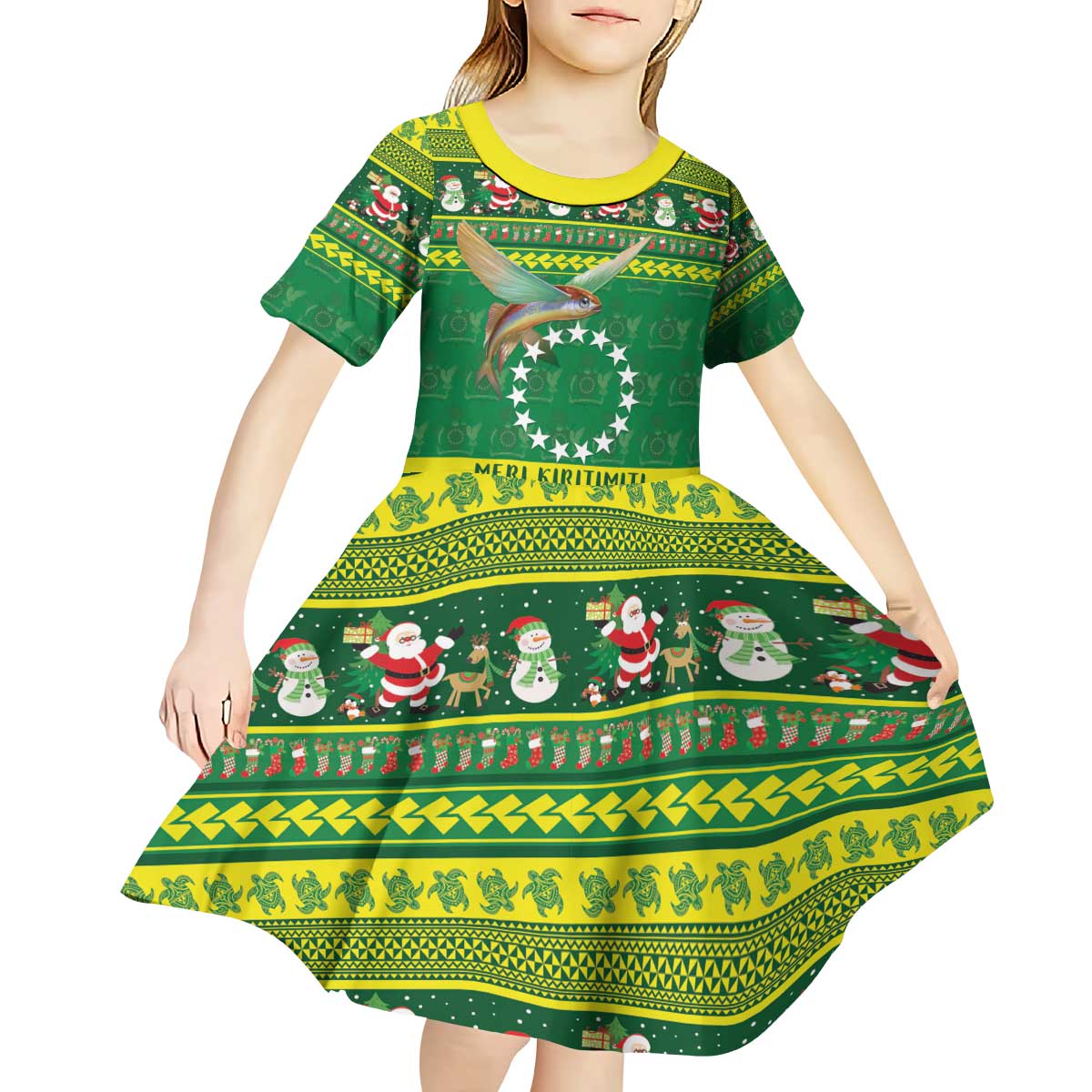 Meri Kiritimiti Cook Islands Christmas Kid Short Sleeve Dress Maroro Flying Fish and White Stars LT9 - Polynesian Pride
