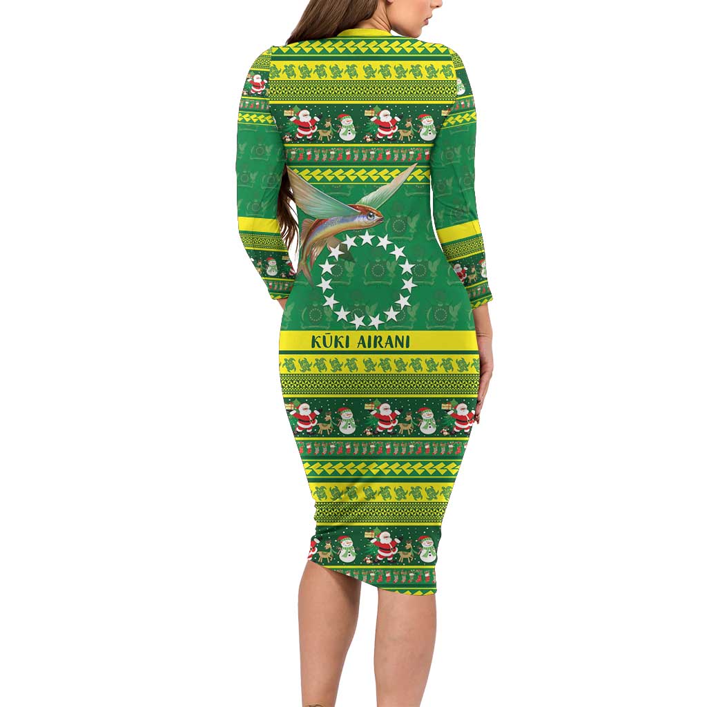 Meri Kiritimiti Cook Islands Christmas Long Sleeve Bodycon Dress Maroro Flying Fish and White Stars LT9 - Polynesian Pride