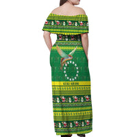 Meri Kiritimiti Cook Islands Christmas Off Shoulder Maxi Dress Maroro Flying Fish and White Stars