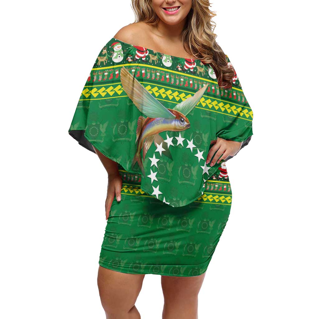 Meri Kiritimiti Cook Islands Christmas Off Shoulder Short Dress Maroro Flying Fish and White Stars LT9 Women Green - Polynesian Pride