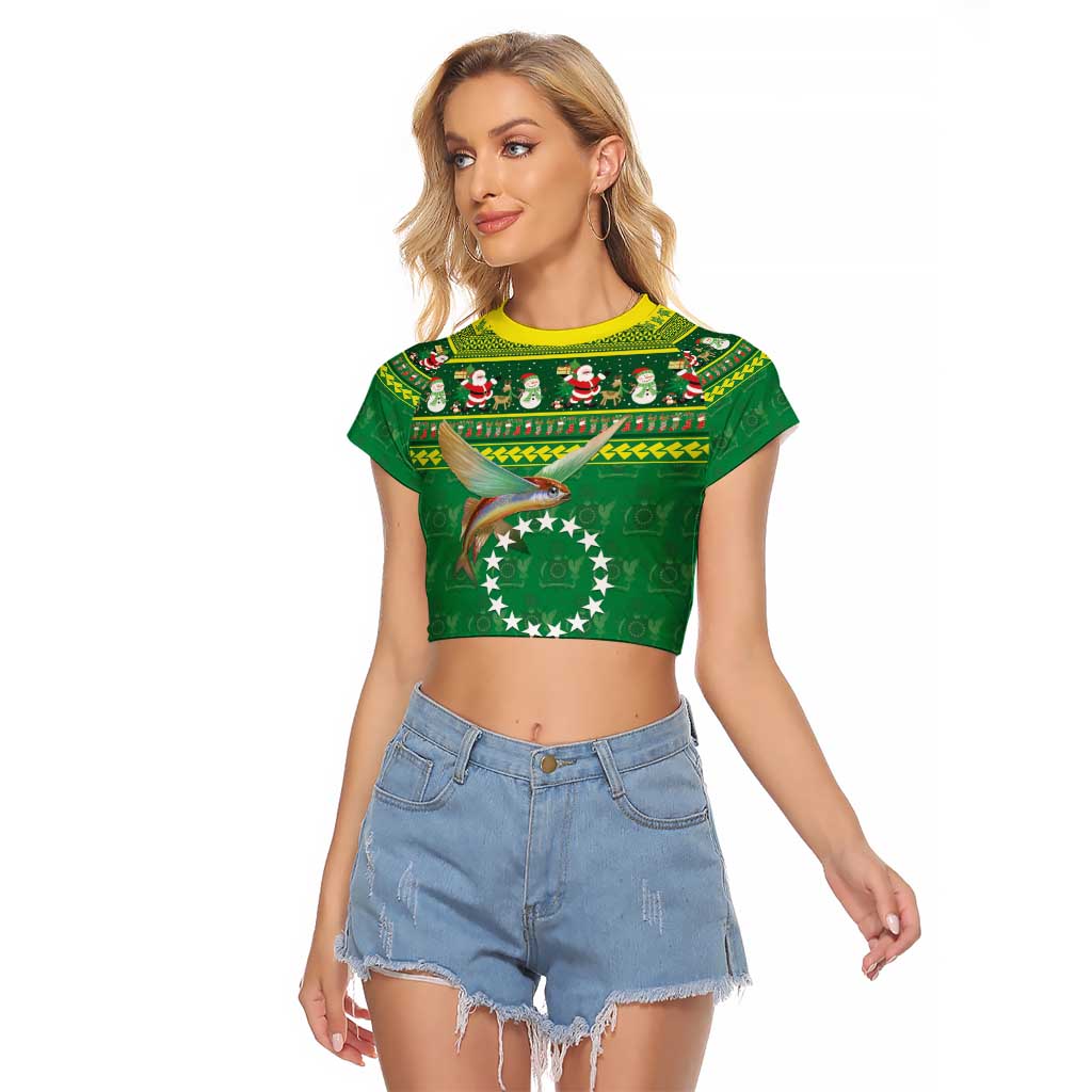 Meri Kiritimiti Cook Islands Christmas Raglan Cropped T Shirt Maroro Flying Fish and White Stars LT9 Female Green - Polynesian Pride