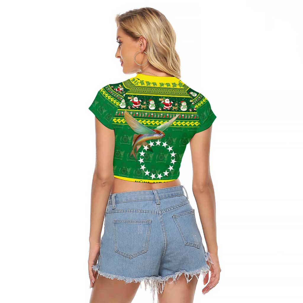 Meri Kiritimiti Cook Islands Christmas Raglan Cropped T Shirt Maroro Flying Fish and White Stars LT9 - Polynesian Pride