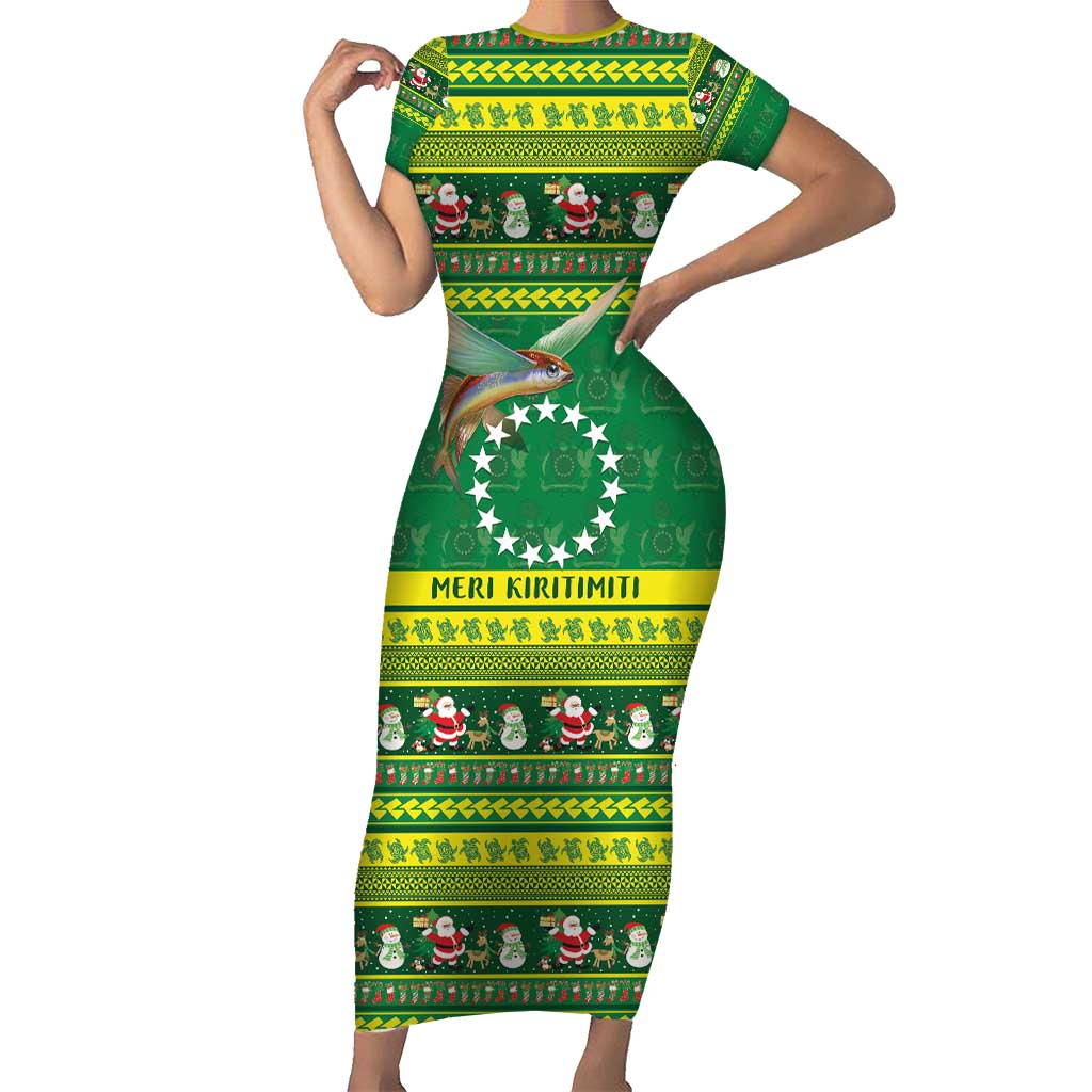 Meri Kiritimiti Cook Islands Christmas Short Sleeve Bodycon Dress Maroro Flying Fish and White Stars LT9 Long Dress Green - Polynesian Pride