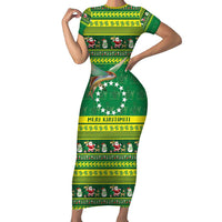 Meri Kiritimiti Cook Islands Christmas Short Sleeve Bodycon Dress Maroro Flying Fish and White Stars LT9 Long Dress Green - Polynesian Pride