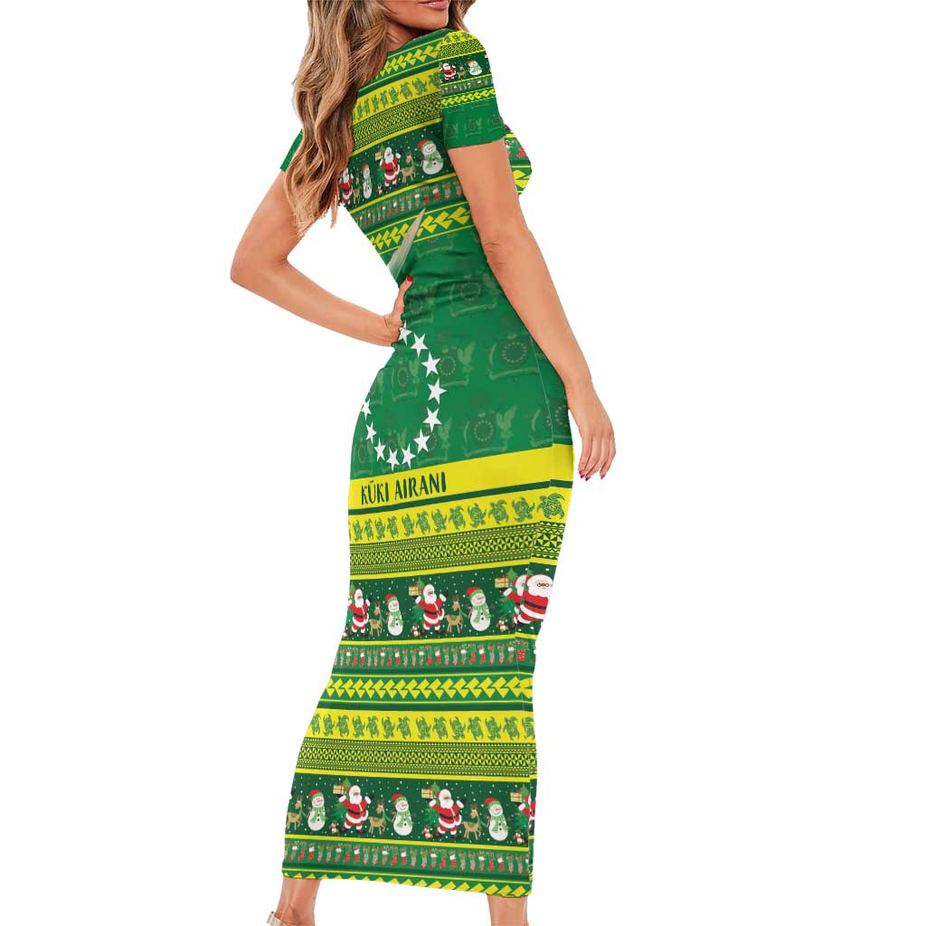Meri Kiritimiti Cook Islands Christmas Short Sleeve Bodycon Dress Maroro Flying Fish and White Stars LT9 - Polynesian Pride