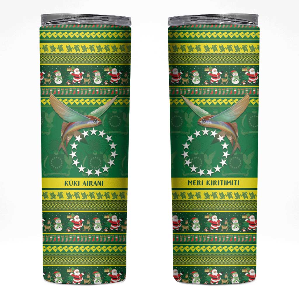 Meri Kiritimiti Cook Islands Christmas Skinny Tumbler Maroro Flying Fish and White Stars LT9 Green - Polynesian Pride
