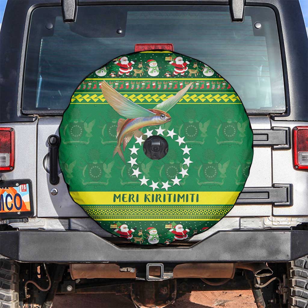 Meri Kiritimiti Cook Islands Christmas Spare Tire Cover Maroro Flying Fish and White Stars LT9 Green - Polynesian Pride