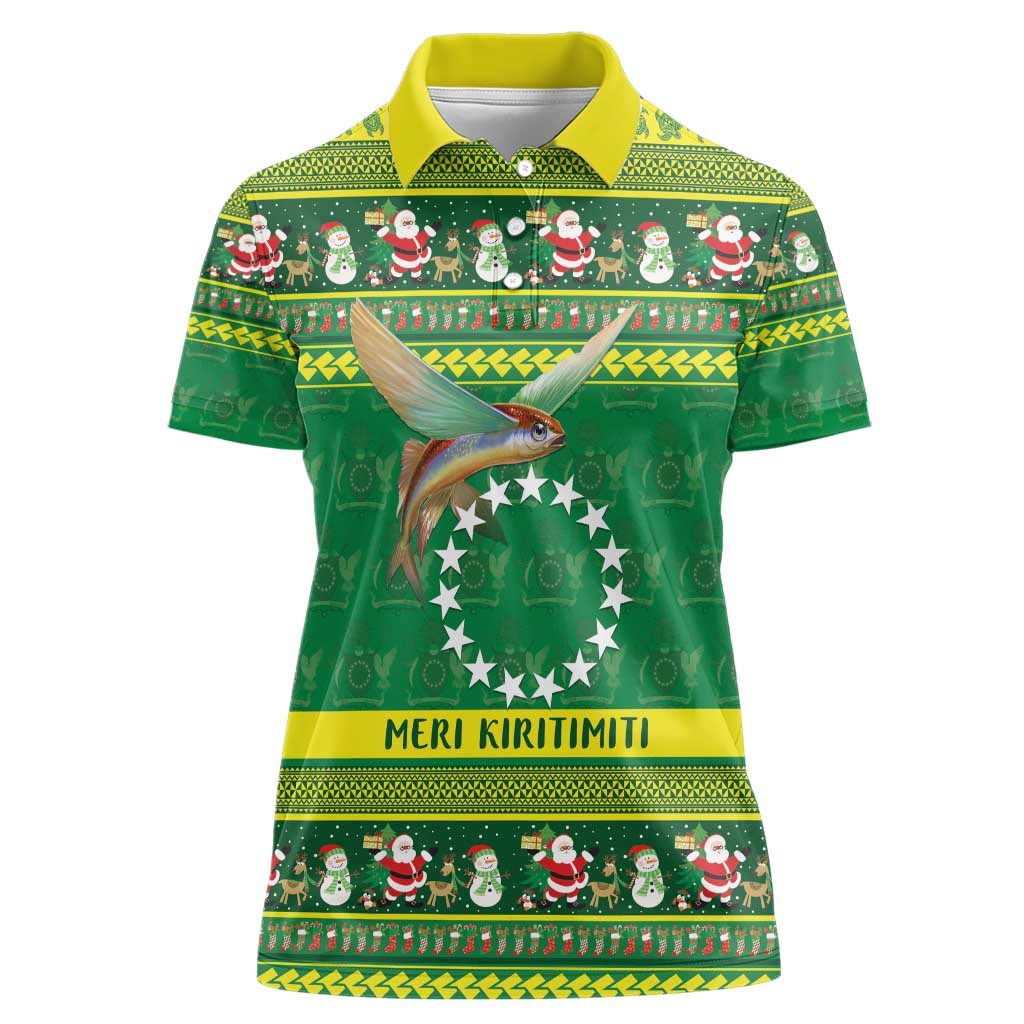 Meri Kiritimiti Cook Islands Christmas Women Polo Shirt Maroro Flying Fish and White Stars LT9 Female Green - Polynesian Pride