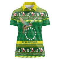 Meri Kiritimiti Cook Islands Christmas Women Polo Shirt Maroro Flying Fish and White Stars LT9 Female Green - Polynesian Pride