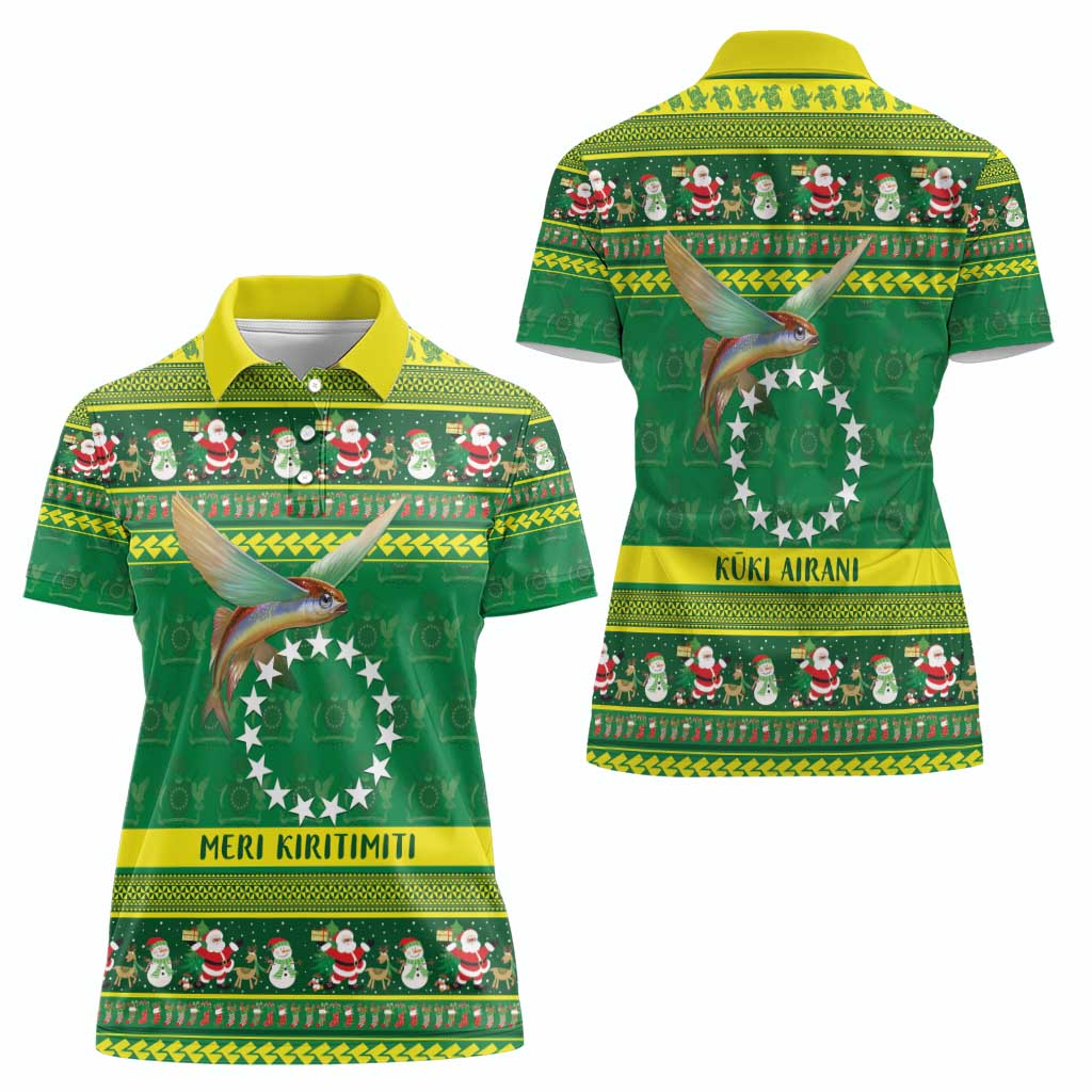 Meri Kiritimiti Cook Islands Christmas Women Polo Shirt Maroro Flying Fish and White Stars LT9 - Polynesian Pride
