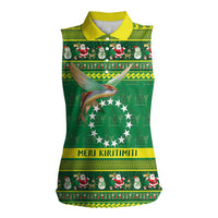 Meri Kiritimiti Cook Islands Christmas Women Sleeveless Polo Shirt Maroro Flying Fish and White Stars LT9 Female Green - Polynesian Pride