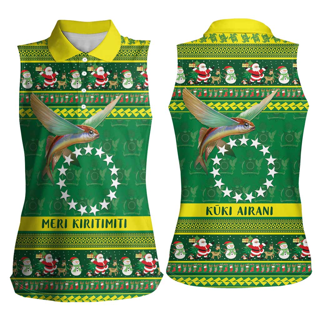 Meri Kiritimiti Cook Islands Christmas Women Sleeveless Polo Shirt Maroro Flying Fish and White Stars LT9 - Polynesian Pride