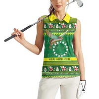 Meri Kiritimiti Cook Islands Christmas Women Sleeveless Polo Shirt Maroro Flying Fish and White Stars LT9 - Polynesian Pride