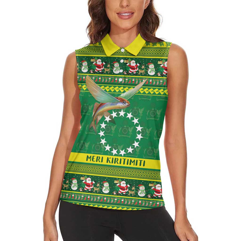 Meri Kiritimiti Cook Islands Christmas Women Sleeveless Polo Shirt Maroro Flying Fish and White Stars LT9 - Polynesian Pride