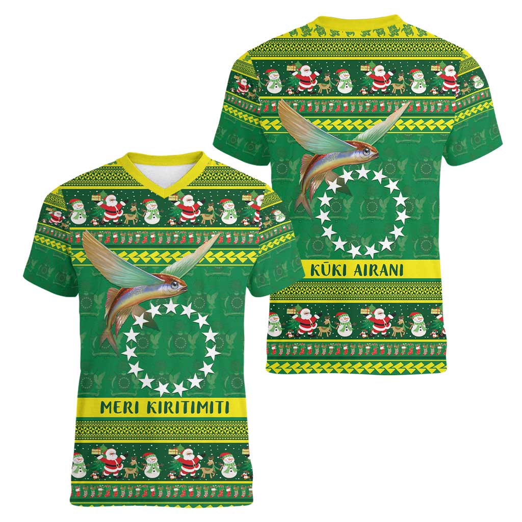 Meri Kiritimiti Cook Islands Christmas Women V-Neck T-Shirt Maroro Flying Fish and White Stars LT9 - Polynesian Pride