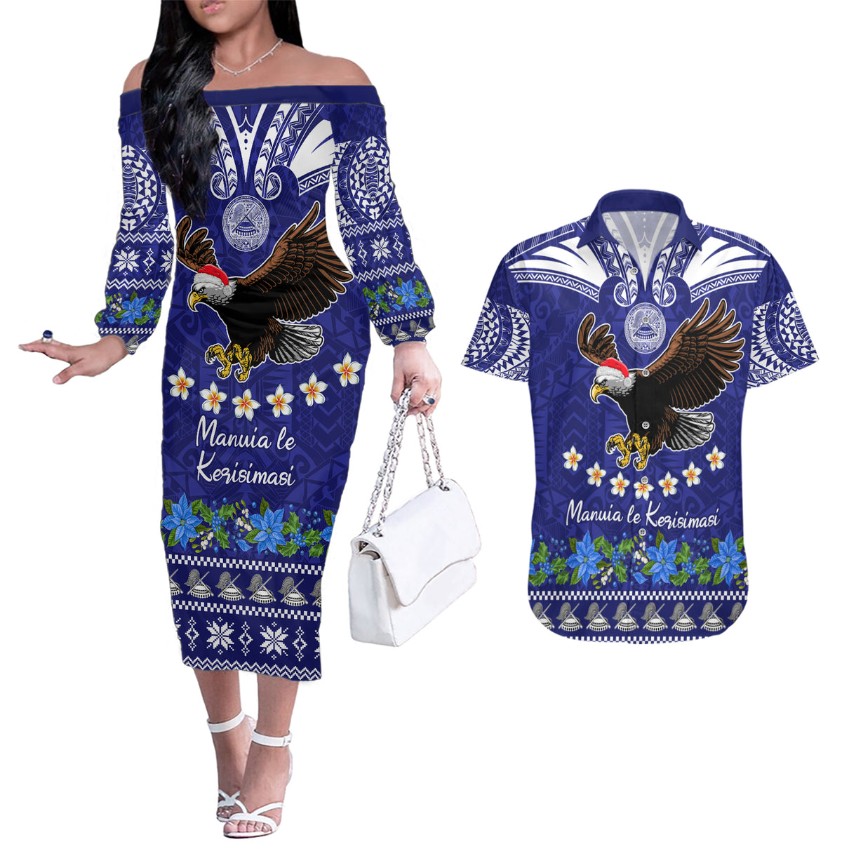American Samoa Christmas Couples Matching Off The Shoulder Long Sleeve Dress and Hawaiian Shirt Manuia le Kerisimasi Polynesian Tribal LT9 Blue - Polynesian Pride