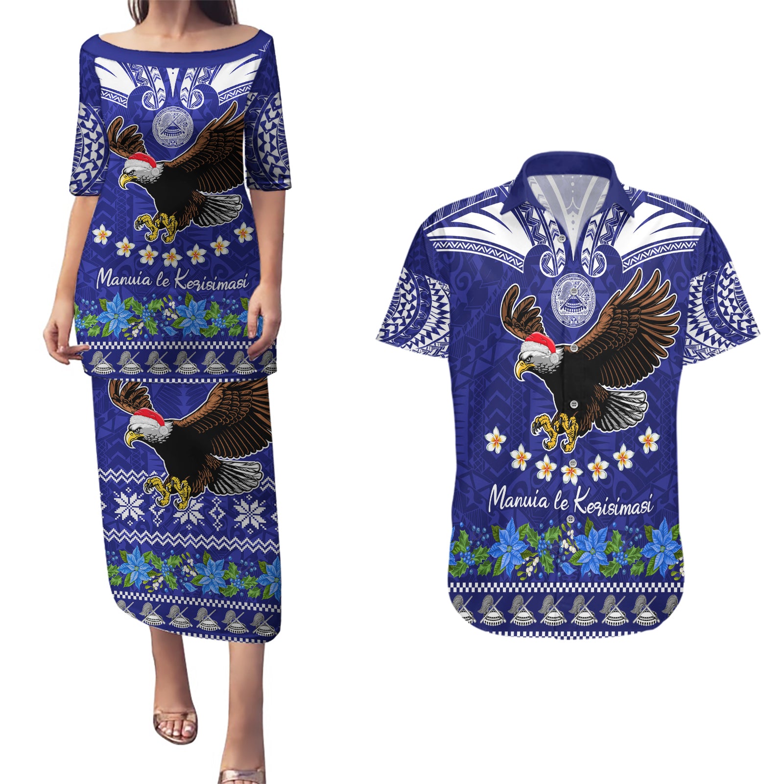 American Samoa Christmas Couples Matching Puletasi Dress and Hawaiian Shirt Manuia le Kerisimasi Polynesian Tribal LT9 Blue - Polynesian Pride