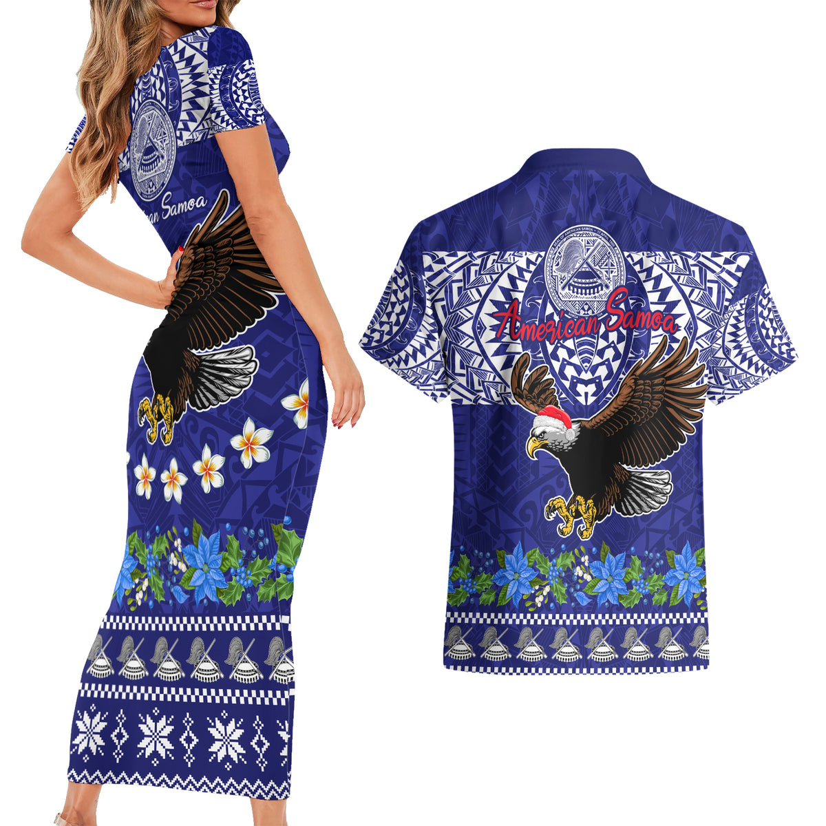 American Samoa Christmas Couples Matching Short Sleeve Bodycon Dress and Hawaiian Shirt Manuia le Kerisimasi Polynesian Tribal LT9 - Polynesian Pride