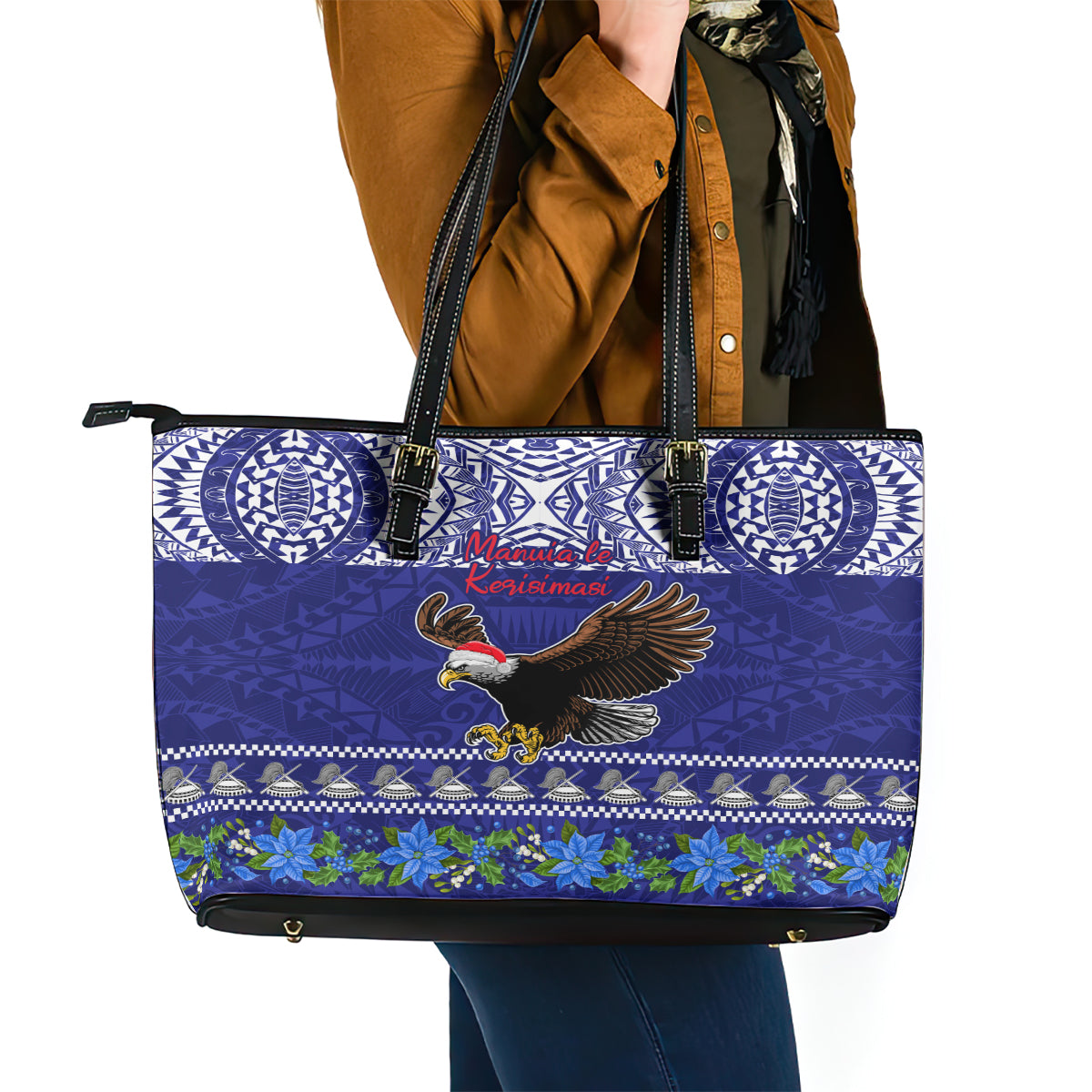 American Samoa Christmas Leather Tote Bag Manuia le Kerisimasi Polynesian Tribal LT9 - Polynesian Pride