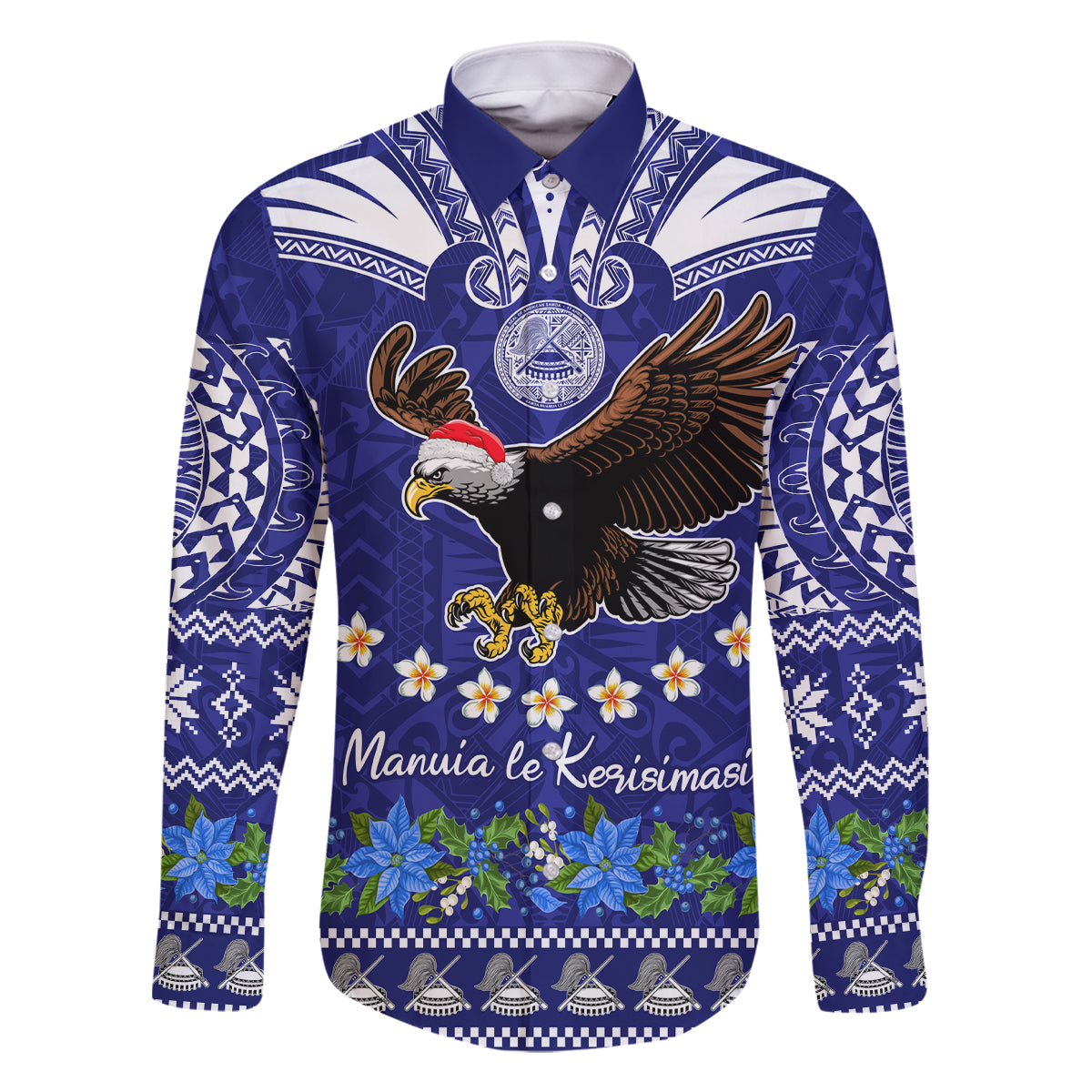 Personalised American Samoa Christmas Family Matching Off Shoulder Long Sleeve Dress and Hawaiian Shirt Manuia le Kerisimasi Polynesian Tribal LT9 Dad's Shirt - Long Sleeve Blue - Polynesian Pride