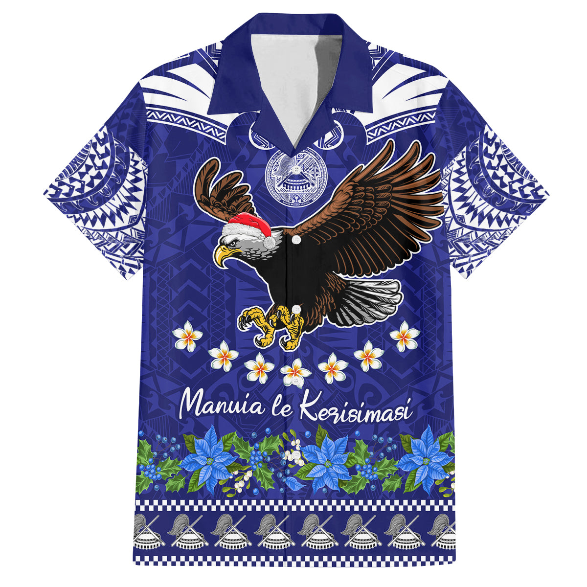 Personalised American Samoa Christmas Family Matching Summer Maxi Dress and Hawaiian Shirt Manuia le Kerisimasi Polynesian Tribal LT9 Dad's Shirt - Short Sleeve Blue - Polynesian Pride