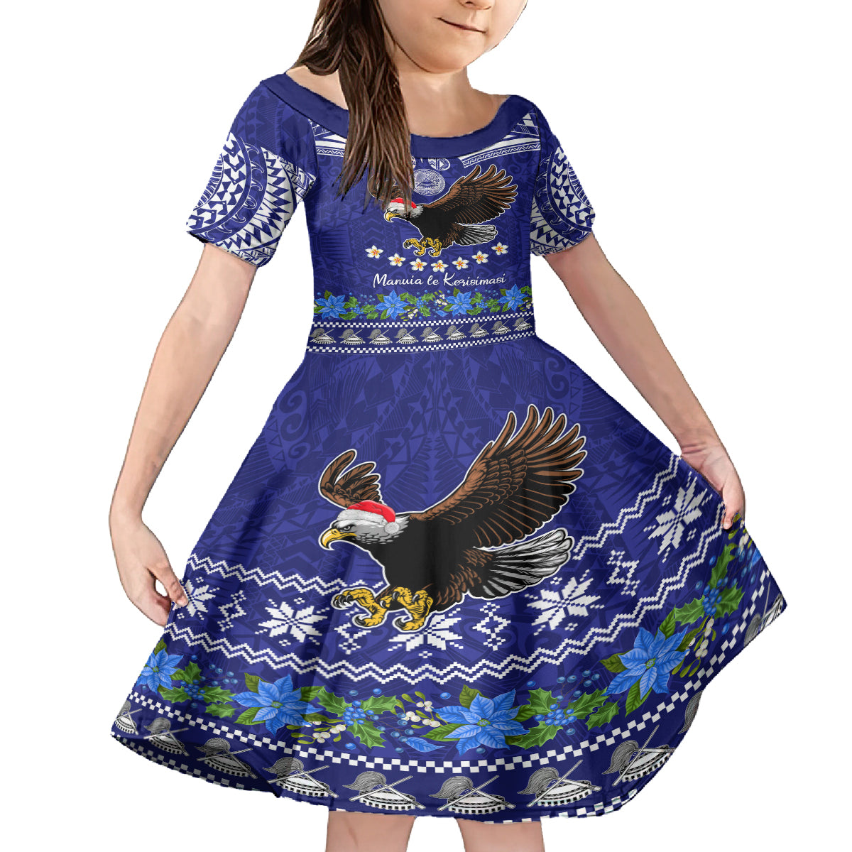 Personalised American Samoa Christmas Family Matching Tank Maxi Dress and Hawaiian Shirt Manuia le Kerisimasi Polynesian Tribal LT9 Daughter's Dress Blue - Polynesian Pride