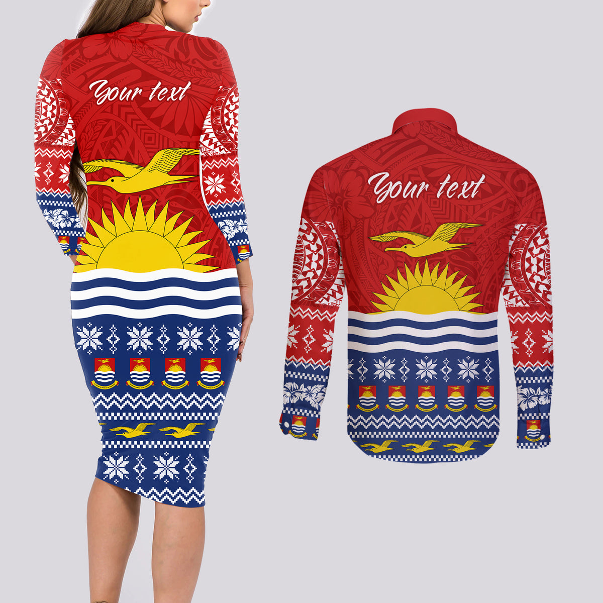 Personalised Kiribati Christmas Couples Matching Long Sleeve Bodycon Dress and Long Sleeve Button Shirt Tekeraoi n Te Tiritimati Polynesian Tribal LT9 - Polynesian Pride
