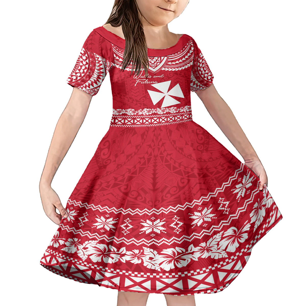 Personalised Wallis and Futuna Christmas Family Matching Off Shoulder Maxi Dress and Hawaiian Shirt Polynesian Tribal LT9 Daughter's Dress Red - Polynesian Pride