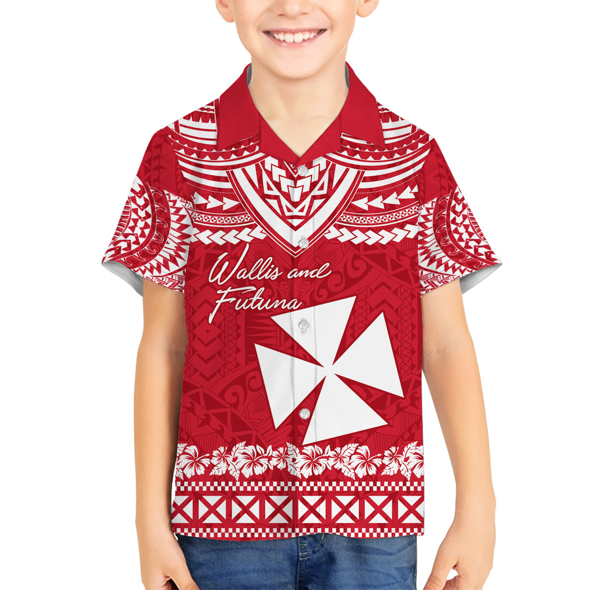Personalised Wallis and Futuna Christmas Family Matching Tank Maxi Dress and Hawaiian Shirt Polynesian Tribal LT9 Son's Shirt Red - Polynesian Pride