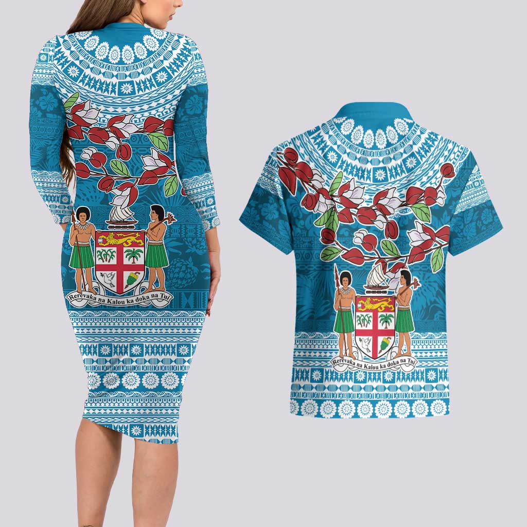 Fijian Tagimoucia Flowers Couples Matching Long Sleeve Bodycon Dress and Hawaiian Shirt Christmas Coquette bow LT9 - Polynesian Pride