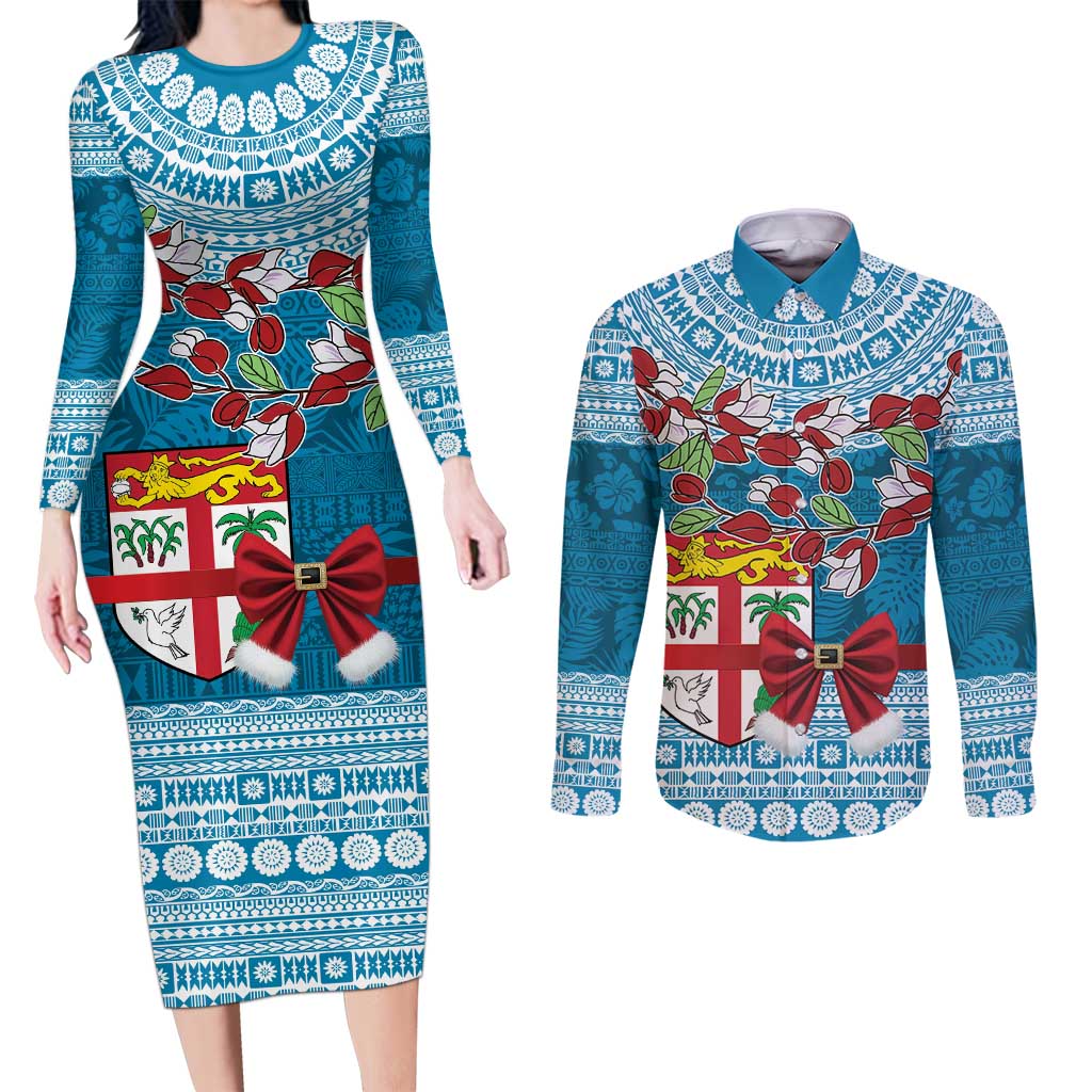 Fijian Tagimoucia Flowers Couples Matching Long Sleeve Bodycon Dress and Long Sleeve Button Shirt Christmas Coquette bow LT9 Blue - Polynesian Pride
