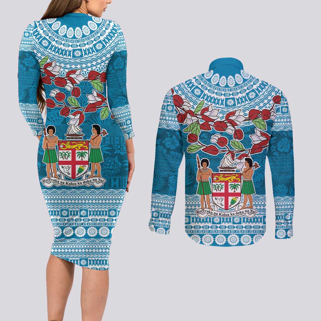 Fijian Tagimoucia Flowers Couples Matching Long Sleeve Bodycon Dress and Long Sleeve Button Shirt Christmas Coquette bow LT9 - Polynesian Pride