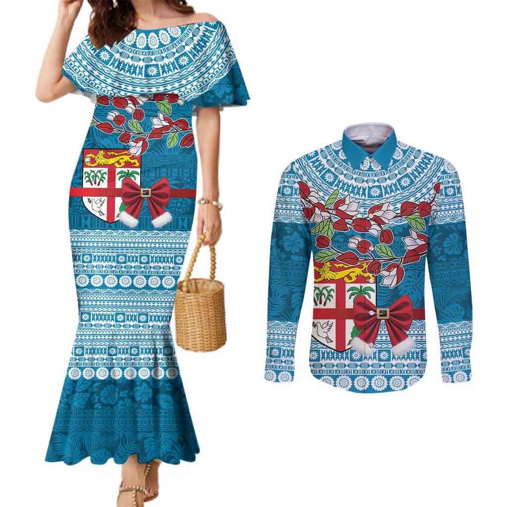 Fijian Tagimoucia Flowers Couples Matching Mermaid Dress and Long Sleeve Button Shirt Christmas Coquette bow LT9 Blue - Polynesian Pride