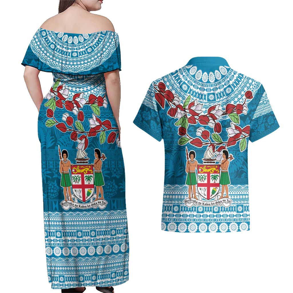 Fijian Tagimoucia Flowers Couples Matching Off Shoulder Maxi Dress and Hawaiian Shirt Christmas Coquette bow LT9 - Polynesian Pride