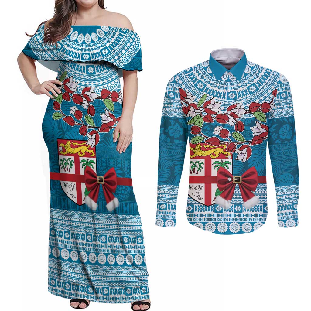 Fijian Tagimoucia Flowers Couples Matching Off Shoulder Maxi Dress and Long Sleeve Button Shirt Christmas Coquette bow LT9 Blue - Polynesian Pride