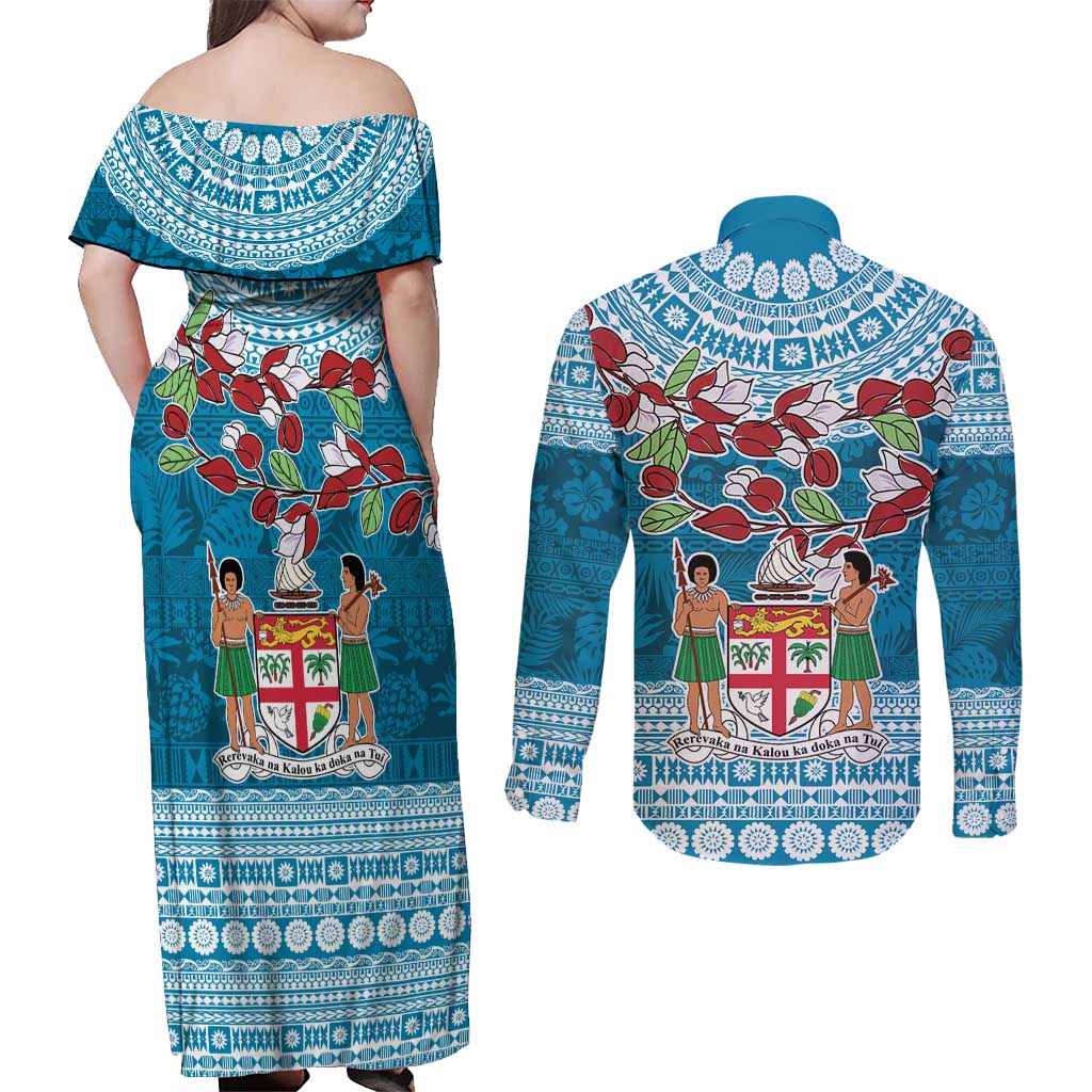 Fijian Tagimoucia Flowers Couples Matching Off Shoulder Maxi Dress and Long Sleeve Button Shirt Christmas Coquette bow LT9 - Polynesian Pride