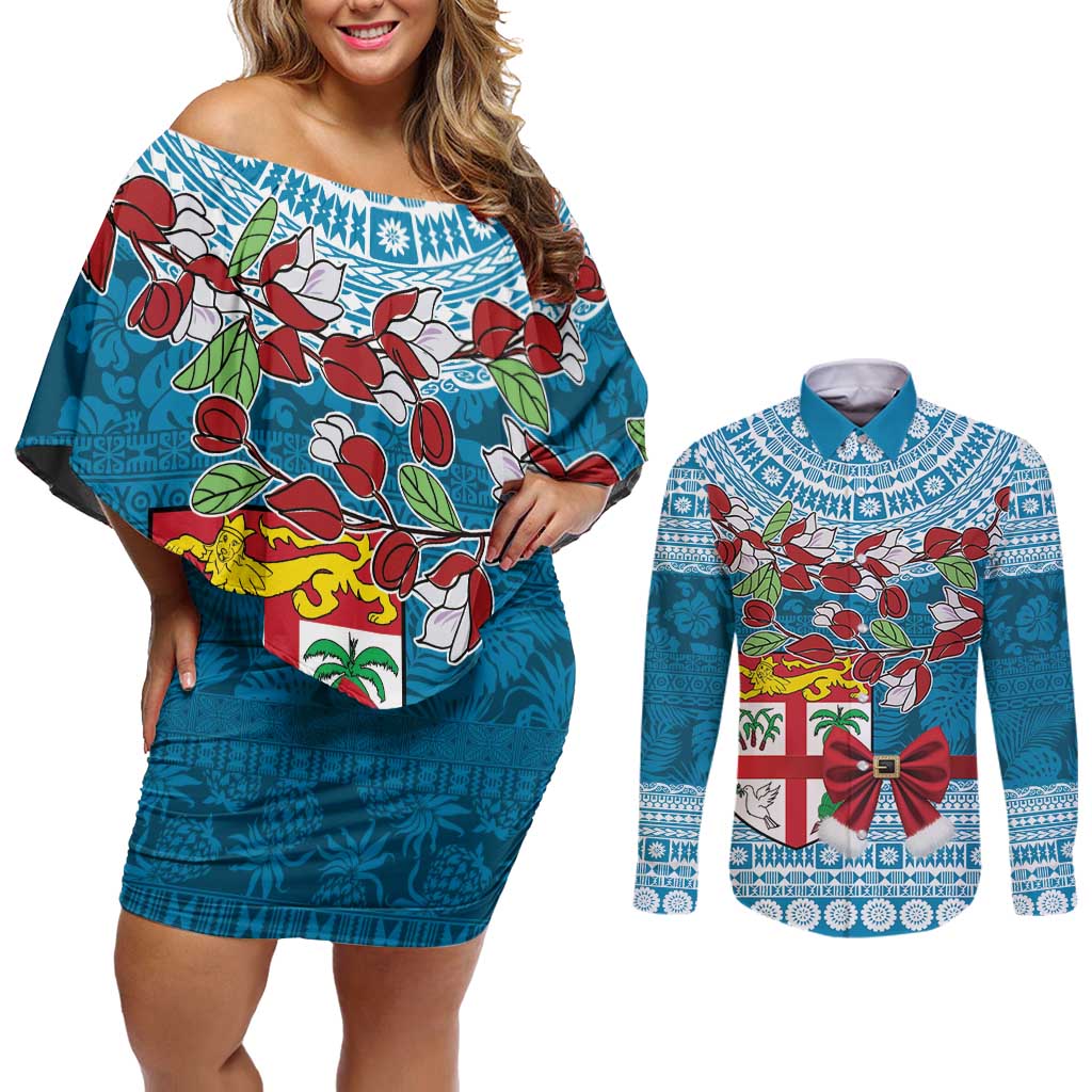 Fijian Tagimoucia Flowers Couples Matching Off Shoulder Short Dress and Long Sleeve Button Shirt Christmas Coquette bow LT9 Blue - Polynesian Pride