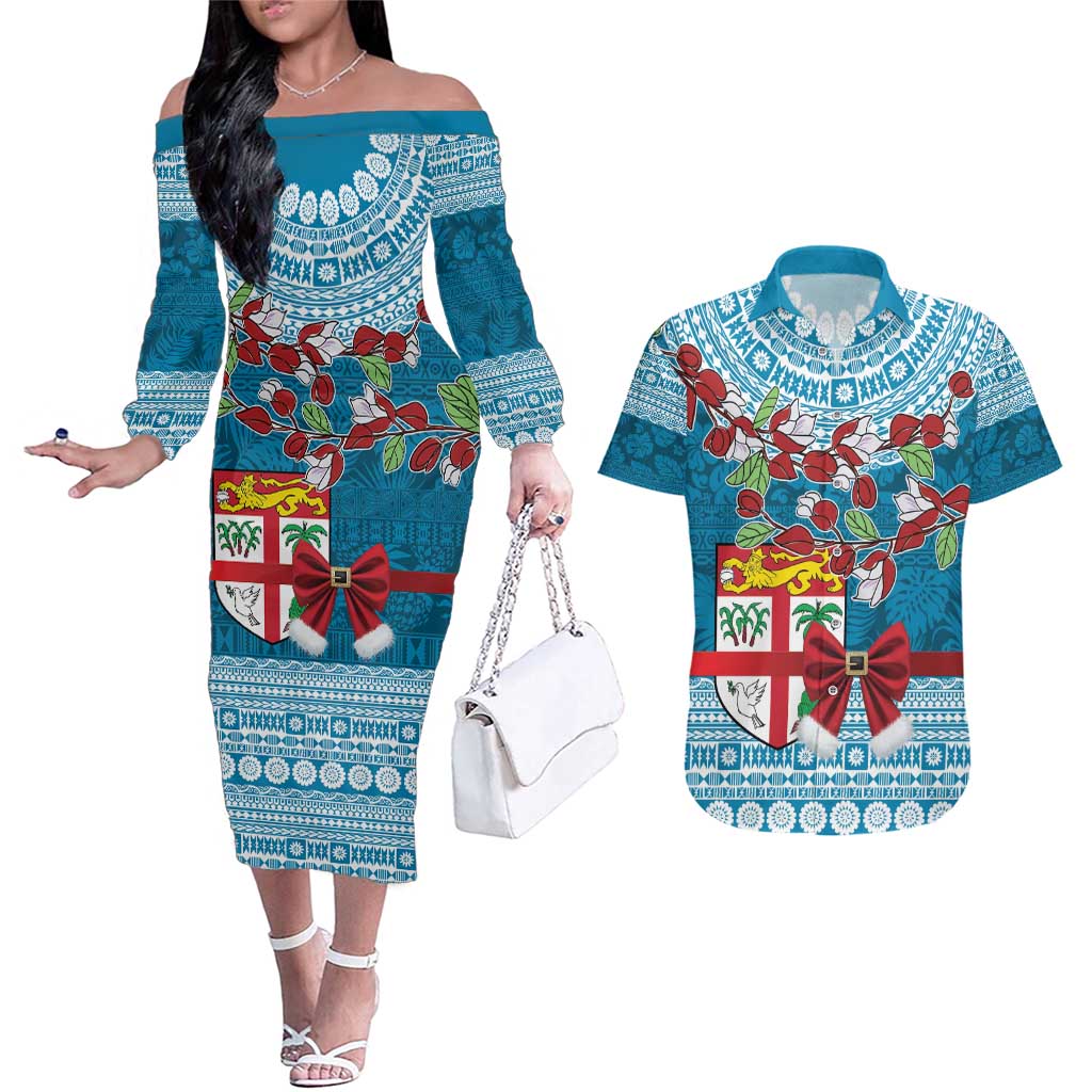 Fijian Tagimoucia Flowers Couples Matching Off The Shoulder Long Sleeve Dress and Hawaiian Shirt Christmas Coquette bow LT9 Blue - Polynesian Pride