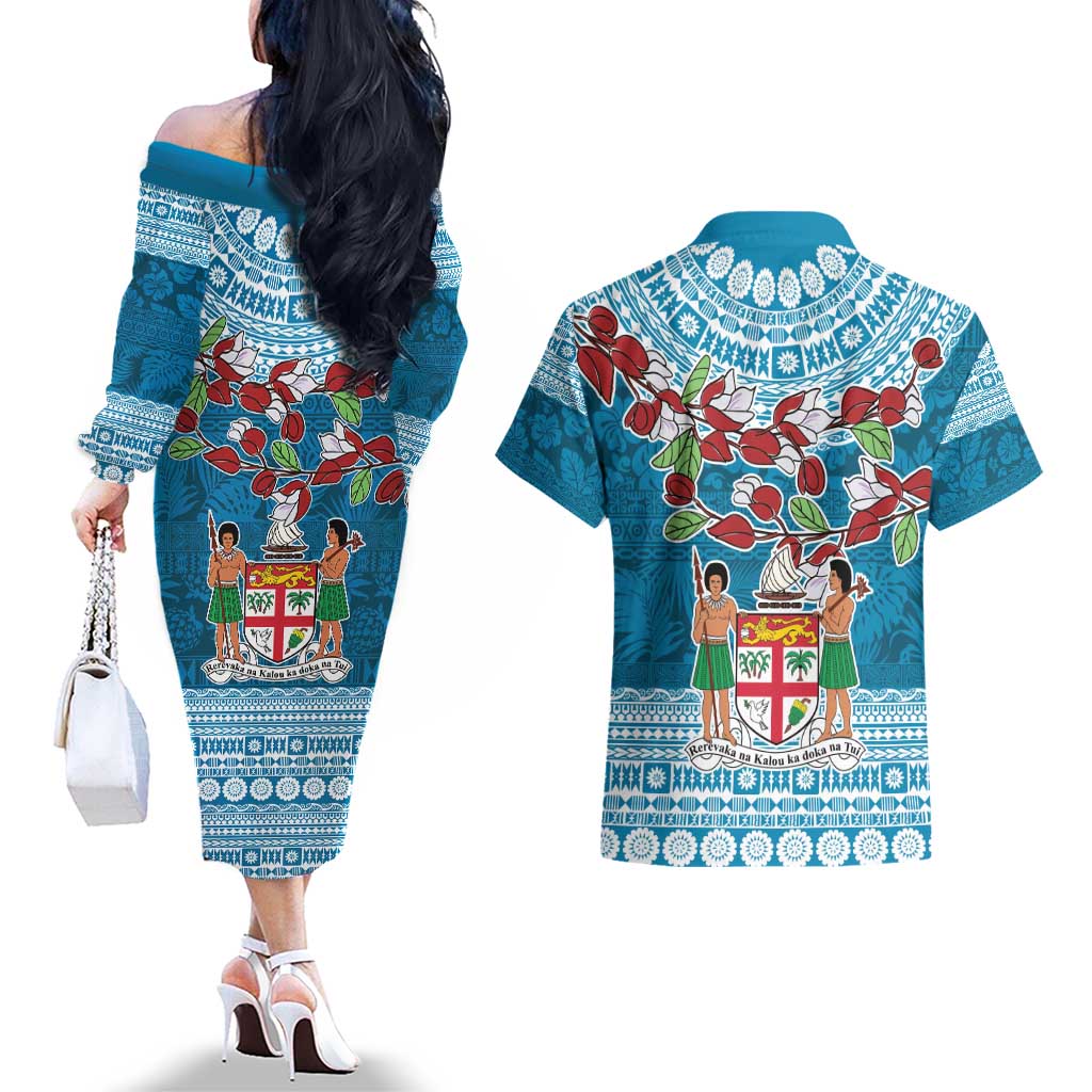 Fijian Tagimoucia Flowers Couples Matching Off The Shoulder Long Sleeve Dress and Hawaiian Shirt Christmas Coquette bow LT9 - Polynesian Pride