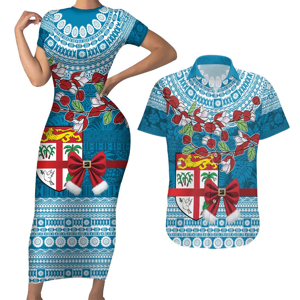 Fijian Tagimoucia Flowers Couples Matching Short Sleeve Bodycon Dress and Hawaiian Shirt Christmas Coquette bow LT9 Blue - Polynesian Pride