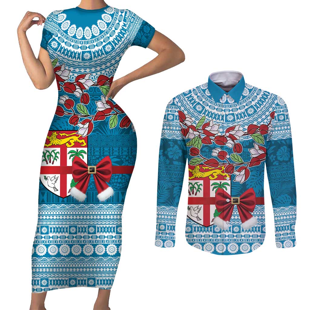 Fijian Tagimoucia Flowers Couples Matching Short Sleeve Bodycon Dress and Long Sleeve Button Shirt Christmas Coquette bow LT9 Blue - Polynesian Pride