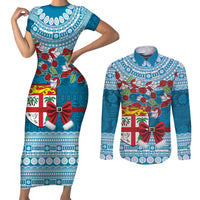 Fijian Tagimoucia Flowers Couples Matching Short Sleeve Bodycon Dress and Long Sleeve Button Shirt Christmas Coquette bow LT9 Blue - Polynesian Pride