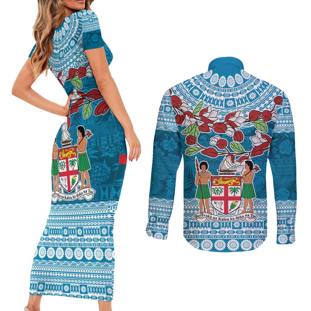 Fijian Tagimoucia Flowers Couples Matching Short Sleeve Bodycon Dress and Long Sleeve Button Shirt Christmas Coquette bow LT9 - Polynesian Pride