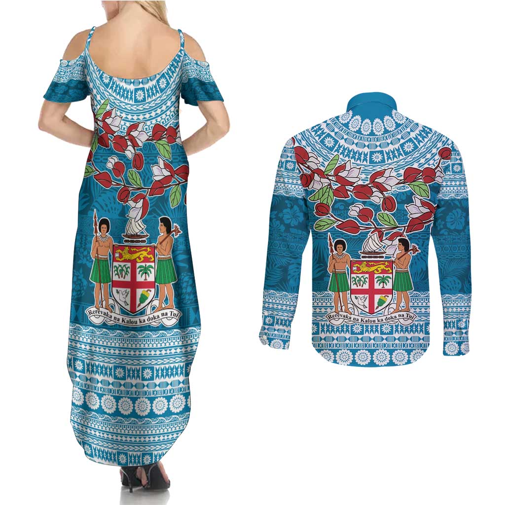 Fijian Tagimoucia Flowers Couples Matching Summer Maxi Dress and Long Sleeve Button Shirt Christmas Coquette bow LT9 - Polynesian Pride