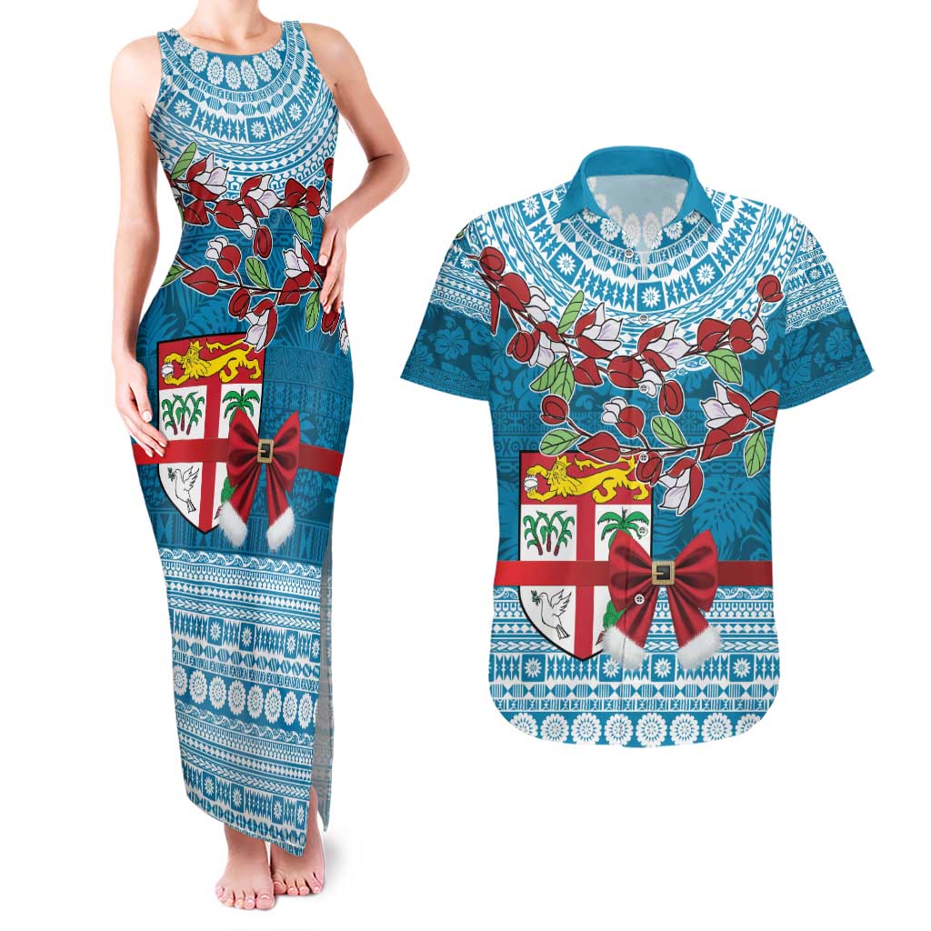 Fijian Tagimoucia Flowers Couples Matching Tank Maxi Dress and Hawaiian Shirt Christmas Coquette bow LT9 Blue - Polynesian Pride