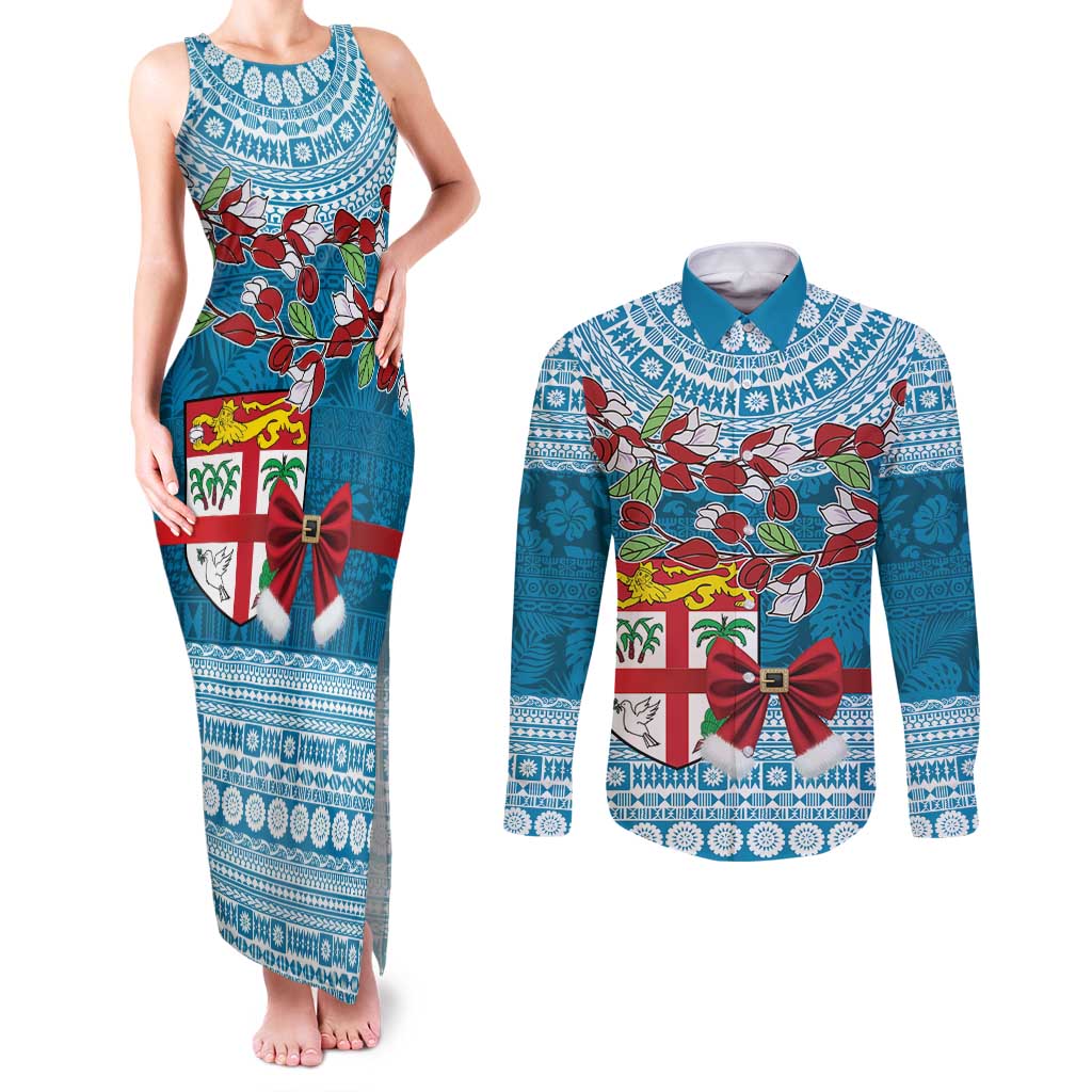 Fijian Tagimoucia Flowers Couples Matching Tank Maxi Dress and Long Sleeve Button Shirt Christmas Coquette bow LT9 Blue - Polynesian Pride