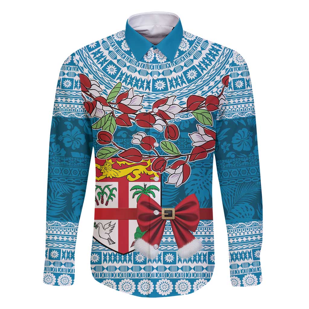 Fijian Tagimoucia Flowers Family Matching Off Shoulder Maxi Dress and Hawaiian Shirt Christmas Coquette bow LT9 Dad's Shirt - Long Sleeve Blue - Polynesian Pride
